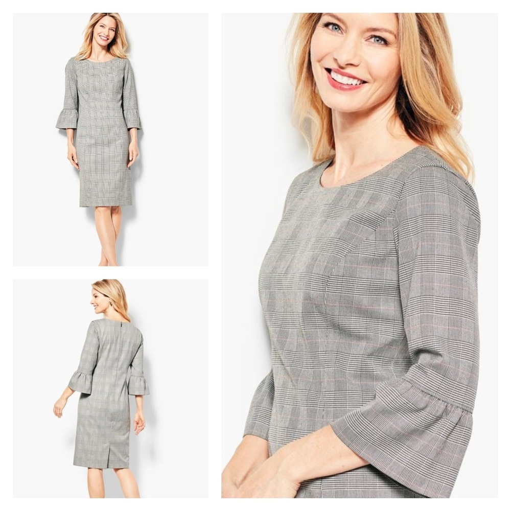 Talbots Sheath Dress Womens 10 Gray White Glen Plaid Bell Sleeve Stretch Lined